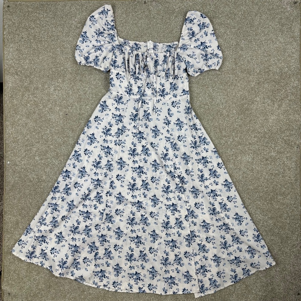 Blue Floral Toile Milkmaid Midi Dress Puff Sleeve Cottagecore Side Slit Medium